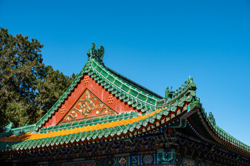 The eaves of the palace in Beijing's Summer Palace are made of yellow and green glazed tiles