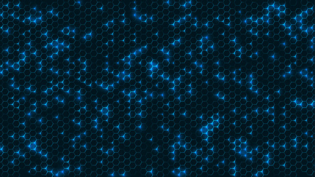 Honeycomb neon background. Glowing blue hexagonal grid pattern creates modern tech texture on dark surface. Futuristic digital vector illustration in luminous geometric style
