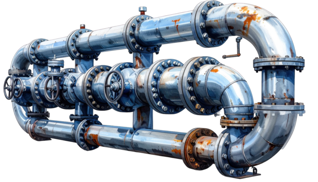 Complex system of metallic pipes, elbows, and valves; rendered with a rusted look
