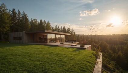 Obraz premium Modern house with panoramic windows and flat roof, serving as a spacious outdoor terrace for leisure activities