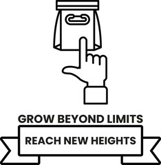 A hand pointing to a bag with the words Grow Beyond Limits Reach New Heights