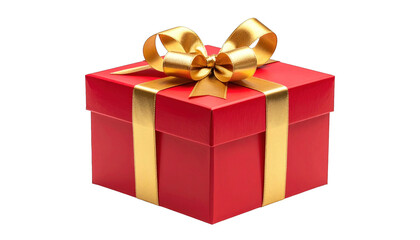 A vivid red square box tied with a luxurious golden ribbon and bow on a black background