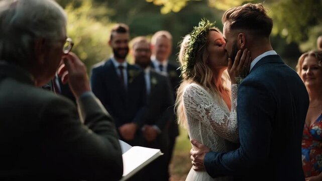 Bride with floral crown joyfully interacts with groom during outdoor ceremony, surrounded by guests, as camera captures emotional connection through smooth zoom in