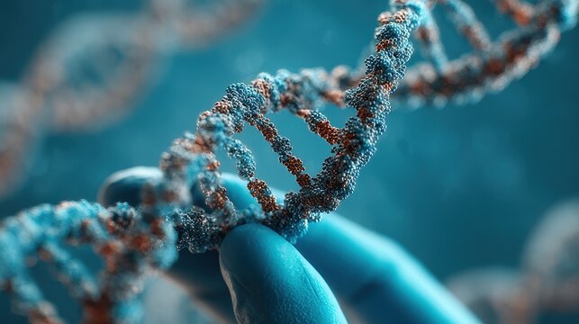 Detailed Close-Up of DNA Strand Held by a Hand Against a Blue Background in Biochemistry Context - Powered by Adobe