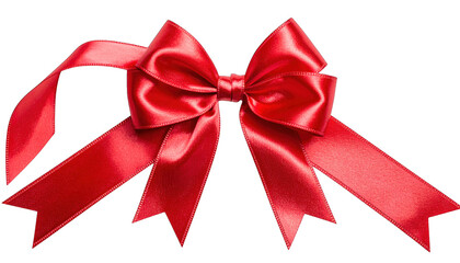 A vibrant, glossy red satin bow with elegant folds and flowing, long tails