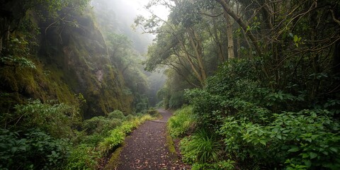 Fototapeta premium Hiking trail through Levada do Rei forest on Madeira island, emphasizing preservation of natural waterways