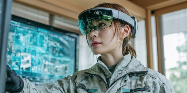 Japanese Female Architect Utilizing Augmented Reality Technology in Modern Workspace Environment - Powered by Adobe