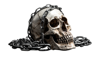 A weathered skull wrapped in a silver chain against a stark black backdrop