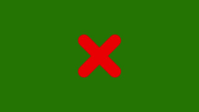 A red 'x' mark animation on green background. Animated of cancel, rejection, wrong sign motion animation.4k video
