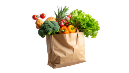 A brown paper bag overflowing with a colorful assortment of fresh produce