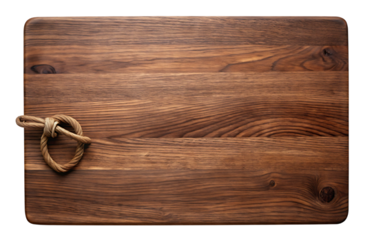 Cutting board, rectangular wooden with a thick rope loop handle on the left side, cutout, PNG isolated on white or transparent background