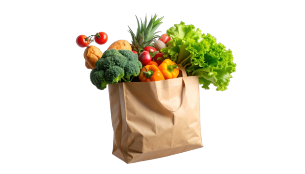 A brown paper bag overflowing with a colorful assortment of fresh produce