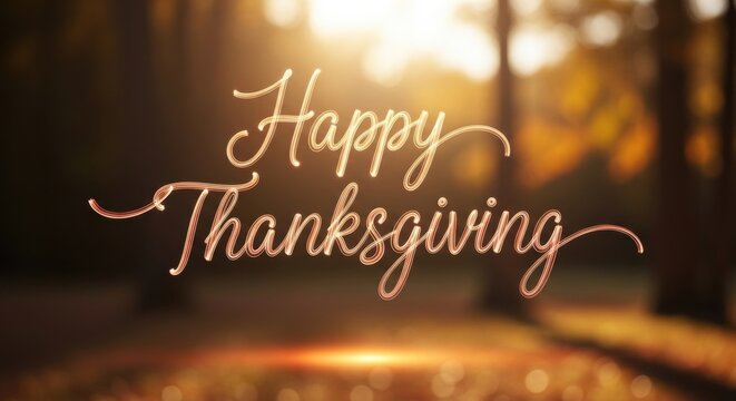 Happy Thanksgiving text over a blurred autumn forest background with sun rays. Holiday greeting for fall season celebration.