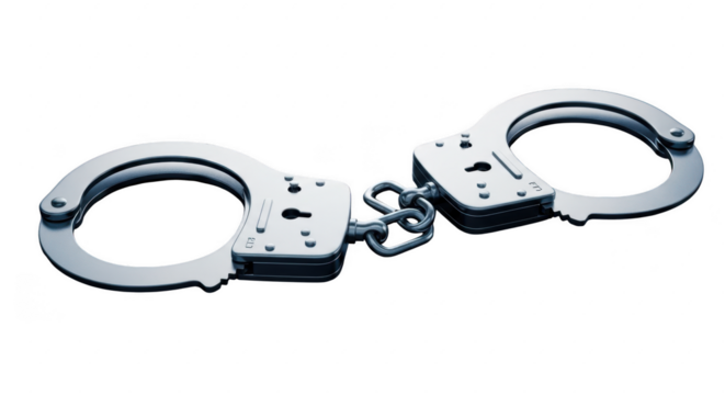 Close-up of polished metal handcuffs, symbolizing law and order