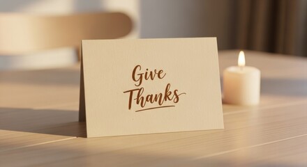 Give Thanks greeting card on wooden table with burning candle. Thanksgiving holiday message card for appreciation and gratitude.