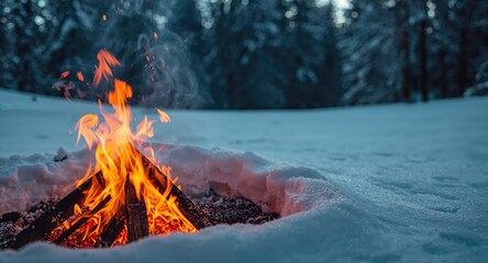 Close-up of a crackling campfire with snow-covered ground, emphasizing winter outdoor heating during cold seasons