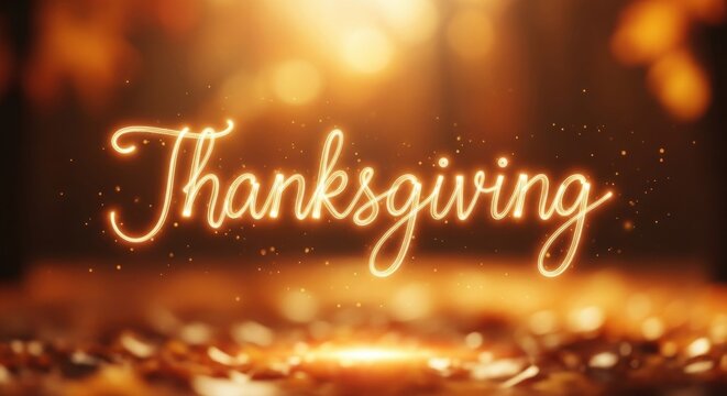 Glowing Thanksgiving text with warm light and falling leaves bokeh. Festive autumn holiday concept design for greeting card or banner. - Powered by Adobe