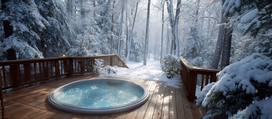 Fototapeta premium hot tub wooden deck overlooking winter forest