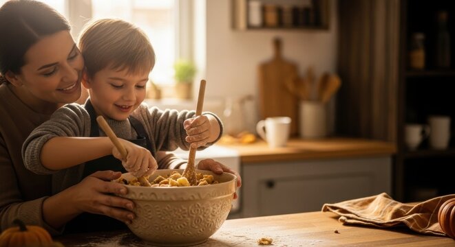 Woman and boy preparing food in kitchen. Happy mother and son cooking Thanksgiving meal. Family tradition and homemade baking.