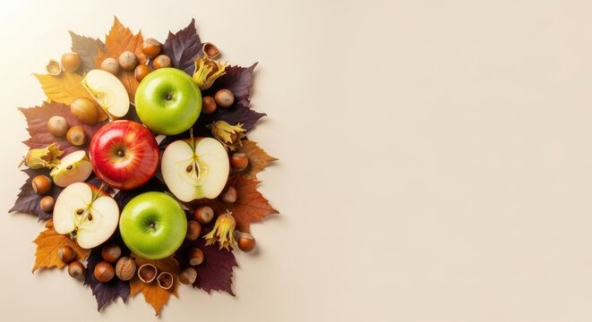 Red and green apples with nuts and autumn leaves on warm background. Harvest season concept for Thanksgiving or fall celebration. - Powered by Adobe