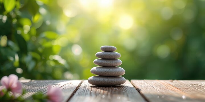Zen stones spa with natural green background, used as a calming background for wellness and relaxation imagery