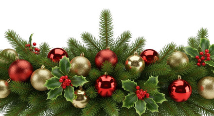 Festive christmas border with red and gold ornaments and holly