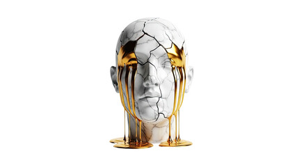 Cracked white marble head with golden tears dripping from its eyes, symbolizing fragility and precious emotion.