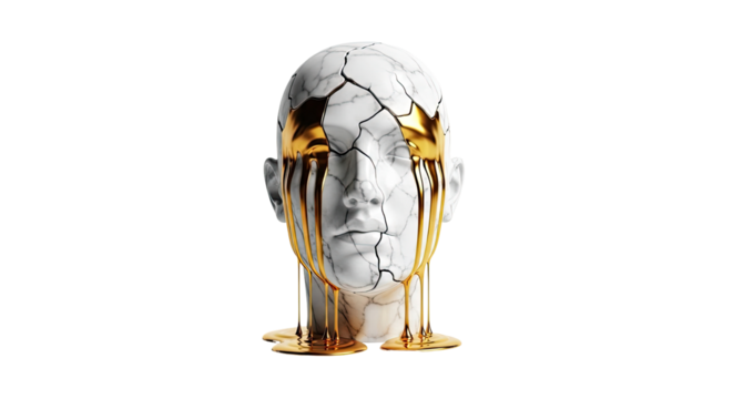 Cracked white marble head with golden tears dripping from its eyes, symbolizing fragility and precious emotion.