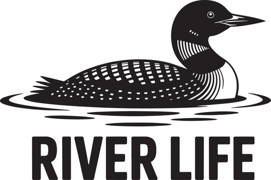 Black and white loon illustration swimming in water graphic for nature and wildlife conservation projects