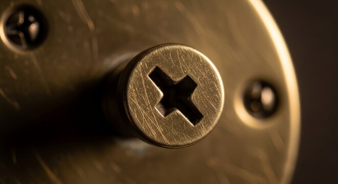 Extreme close-up macro shot of a shiny, worn brass Phillips head screw and circular metal plate. Dark, moody lighting emphasizes the texture and industrial details. - Powered by Adobe
