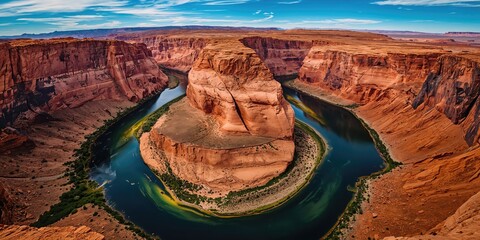 Aerial view of Horseshoe Bend in Arizona, showcasing the meandering river's sharp turn and surrounding rocky landscape
