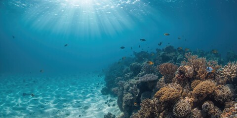 Coral reef with hard corals viewed from below, emphasizing biodiversity and structural complexity, Earth Day