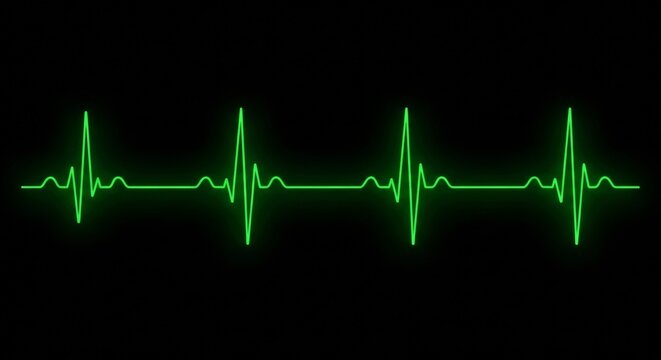 A brightly glowing, neon green electrocardiogram (EKG or ECG) line showing a regular heartbeat rhythm against a solid black background, digitally rendered.