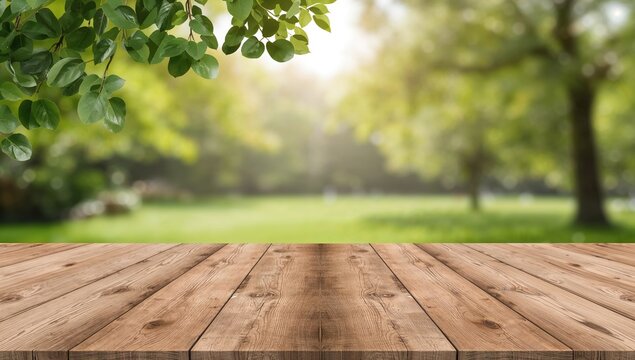 Wooden surface set against a natural park background, suitable for product montage or display, emphasizing rustic presentation