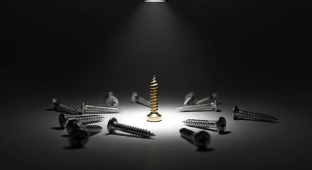 Conceptual image of a standing gold screw illuminated by a spotlight while surrounding silver screws lie in darkness. Visual metaphor for leadership, success, and uniqueness.