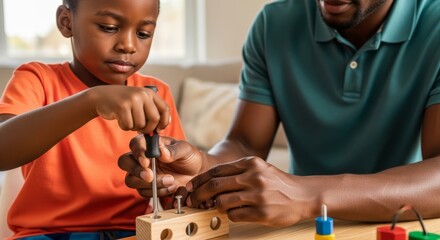African American father teaching his young son how to use a screwdriver. Close-up of hands working on a wooden building block toy, symbolizing parenting, learning, and bonding.