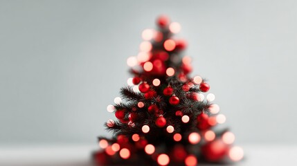Warm glow of a festive christmas tree with red baubles and soft bokeh lights against a subtle background