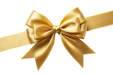 Ribbon, luxurious golden satin tied in a decorative bow with flowing streamers, cutout, PNG isolated on white or transparent background