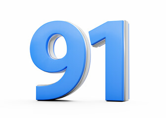 3D Number 91 Ninety One Made Of Blue Body With Silver Outline On White Background 3D Illustration