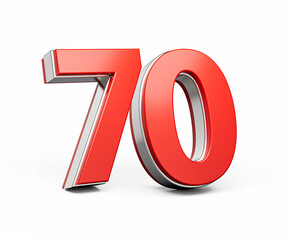 Bold Vibrant Red Number Seventy Number 70 With Metallic On White Background 3D Illustration