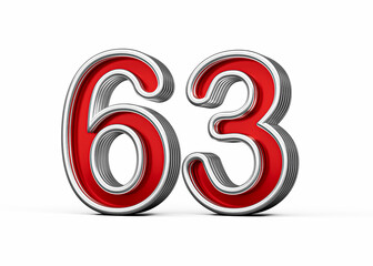 Vibrant Red Number Sixty three 63 With Metallic Gleam And Beveled Edges, 3D Illustration