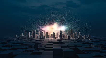 Futuristic city skyline illuminated by colorful explosions in the night sky, showcasing urban vibrancy