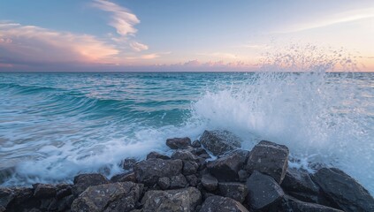 Sea waves crashing against rock on the beach, erosion risk during storm season
