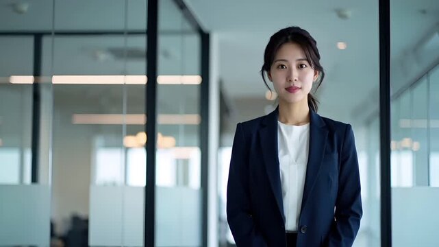 柔らかな自然光が差し込むモダンなオフィスで、日本人ビジネスウーマンがネイビーブレザーと白いブラウス姿で佇む超写実的ポートレート。
