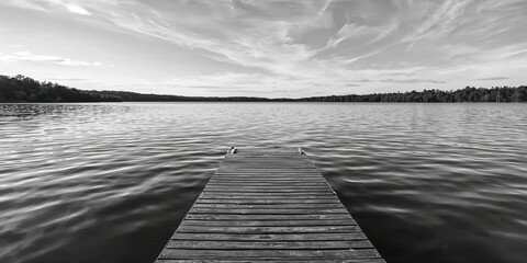 Wooden dock extending over a lake in monochrome, emphasizing texture and weathering, suitable for background design