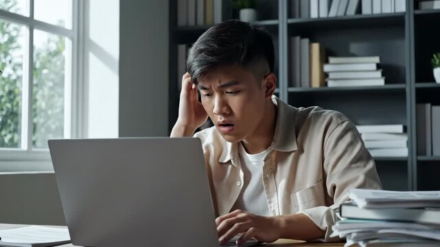 Frustrated Young Man Looking at Laptop Screen in 4K - Studying or Working Overload