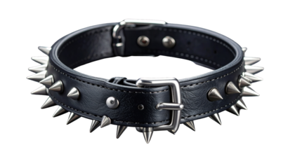 Black leather collar with silver spikes and a silver buckle, isolated on black