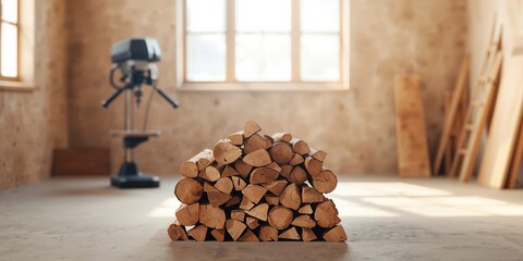 A worker inspecting a stack of lumber near a drill press, emphasizing safety procedures in woodworking facilities