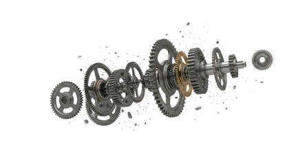 Exploded view of a complex mechanical gear assembly with various cogwheels and a central shaft.