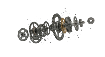 Exploded view of a complex mechanical gear assembly with various cogwheels and a central shaft.
